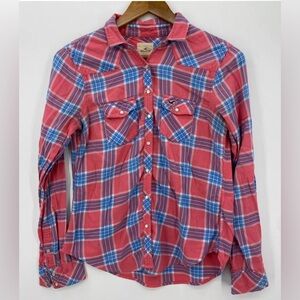 Hollister Western-Style Flannel Button-Down, Pink, Blue & White Plaid, XS CL03